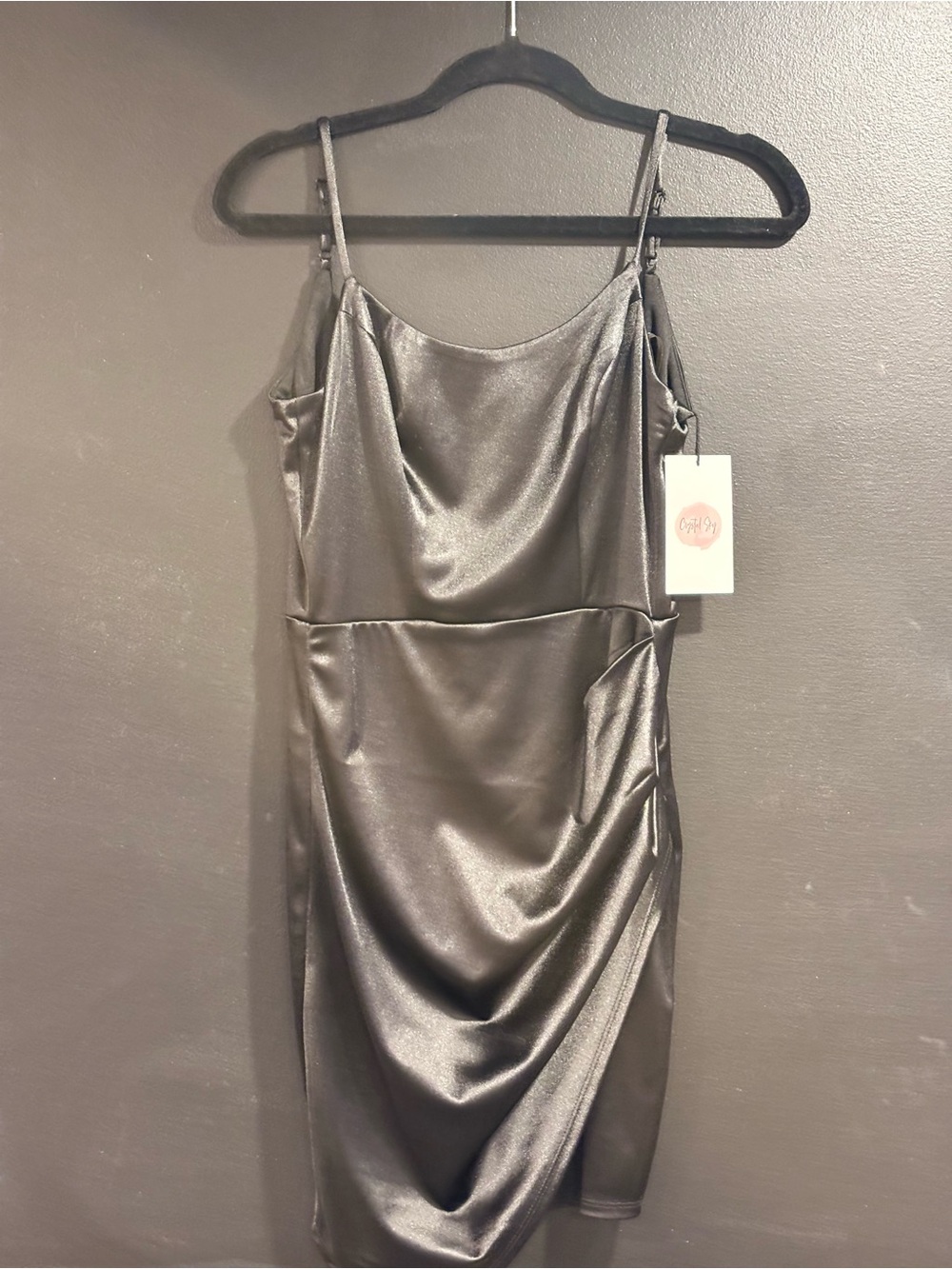 Satin Slip Chemise Dress in Charcoal with Draped Front